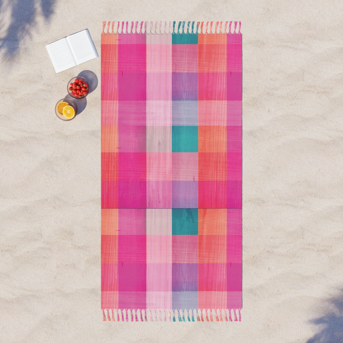 Boho Fringe Beach Throw | Pink Plaid