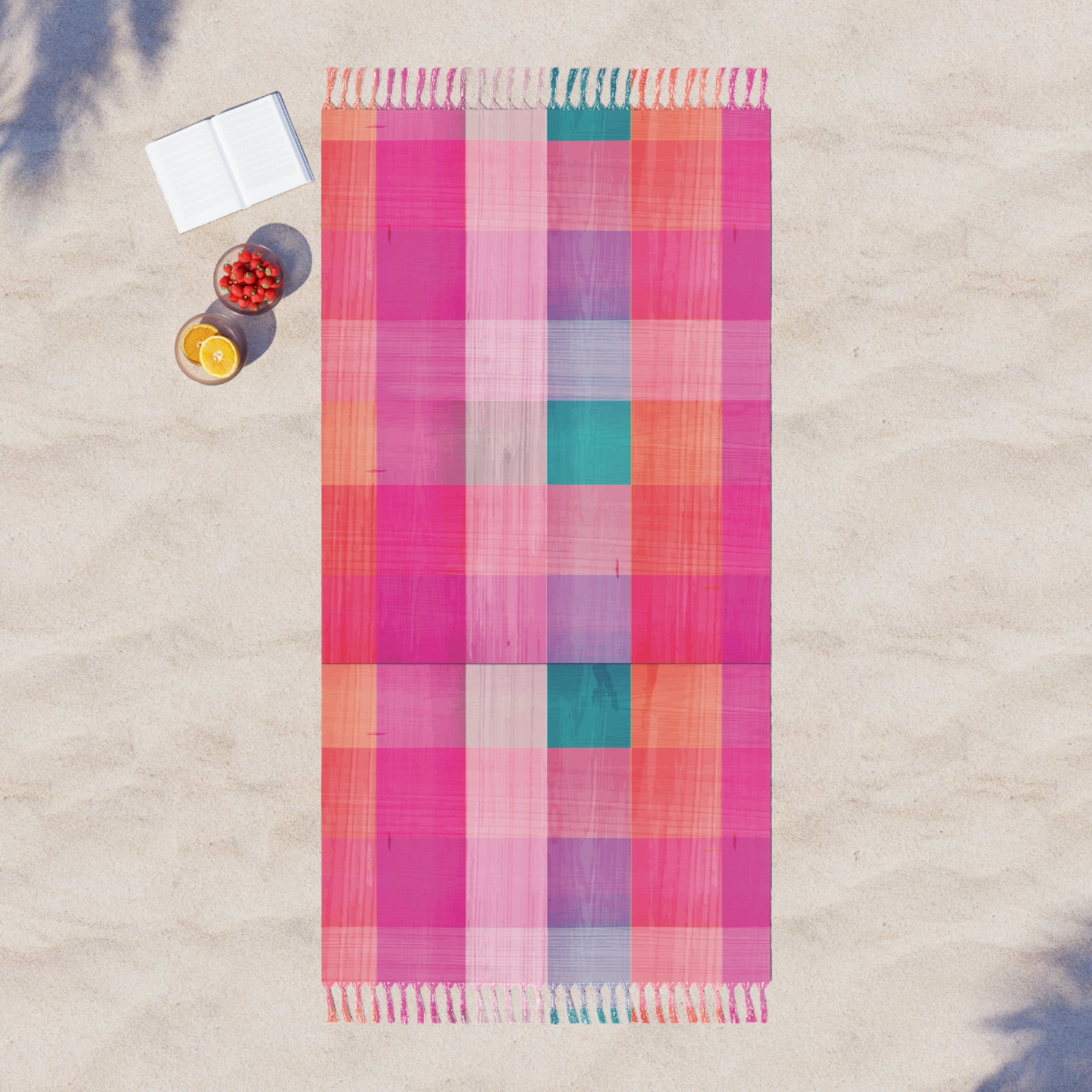 Boho Fringe Beach Throw | Pink Plaid