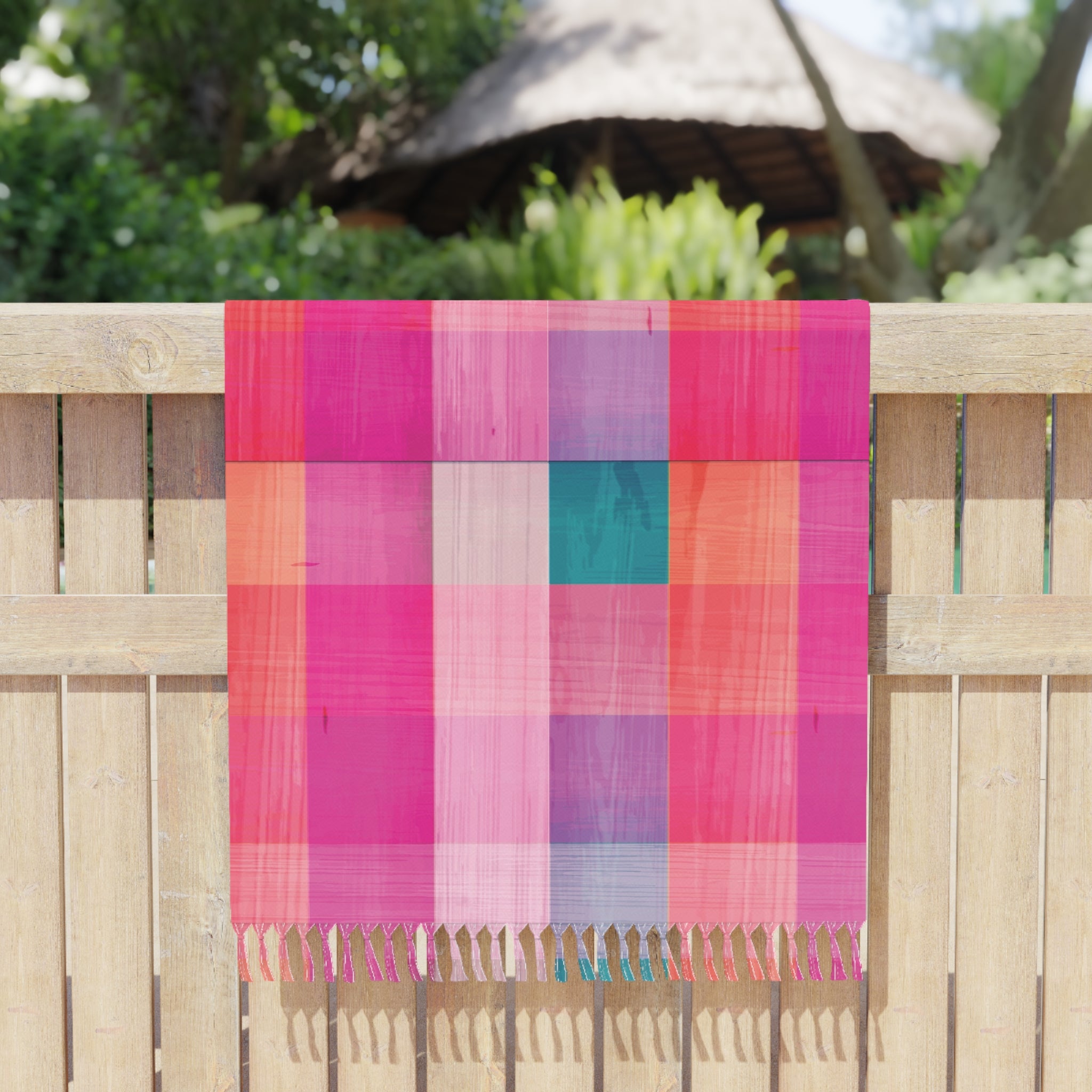 Boho Fringe Beach Throw | Pink Plaid