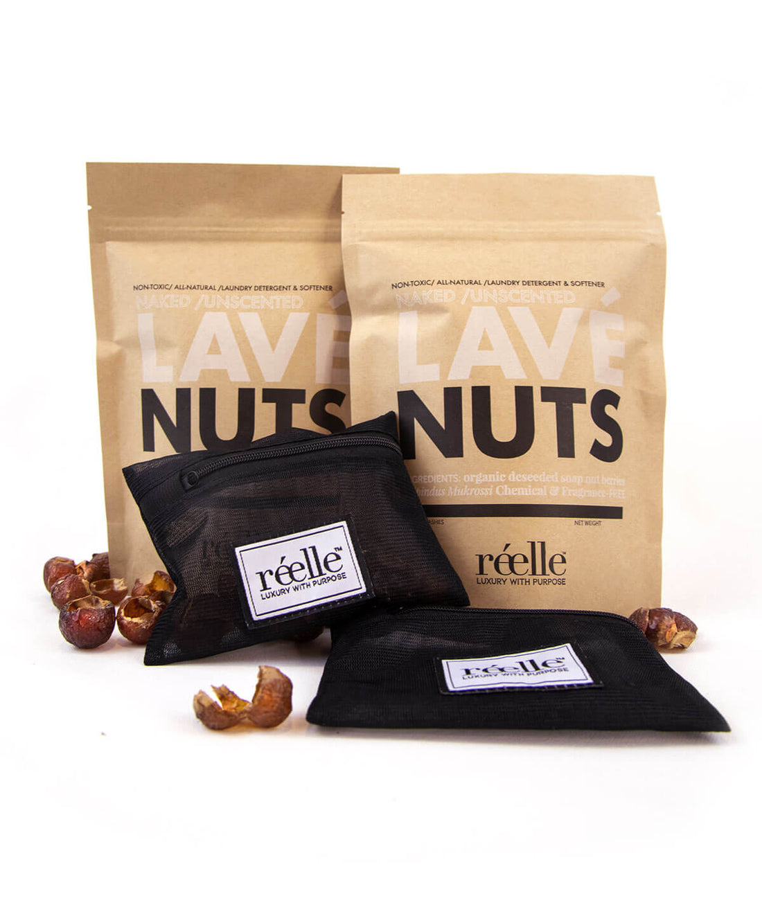 Lavé soap Nuts Dual packaged bags and their two mesh wash pouches by réelle