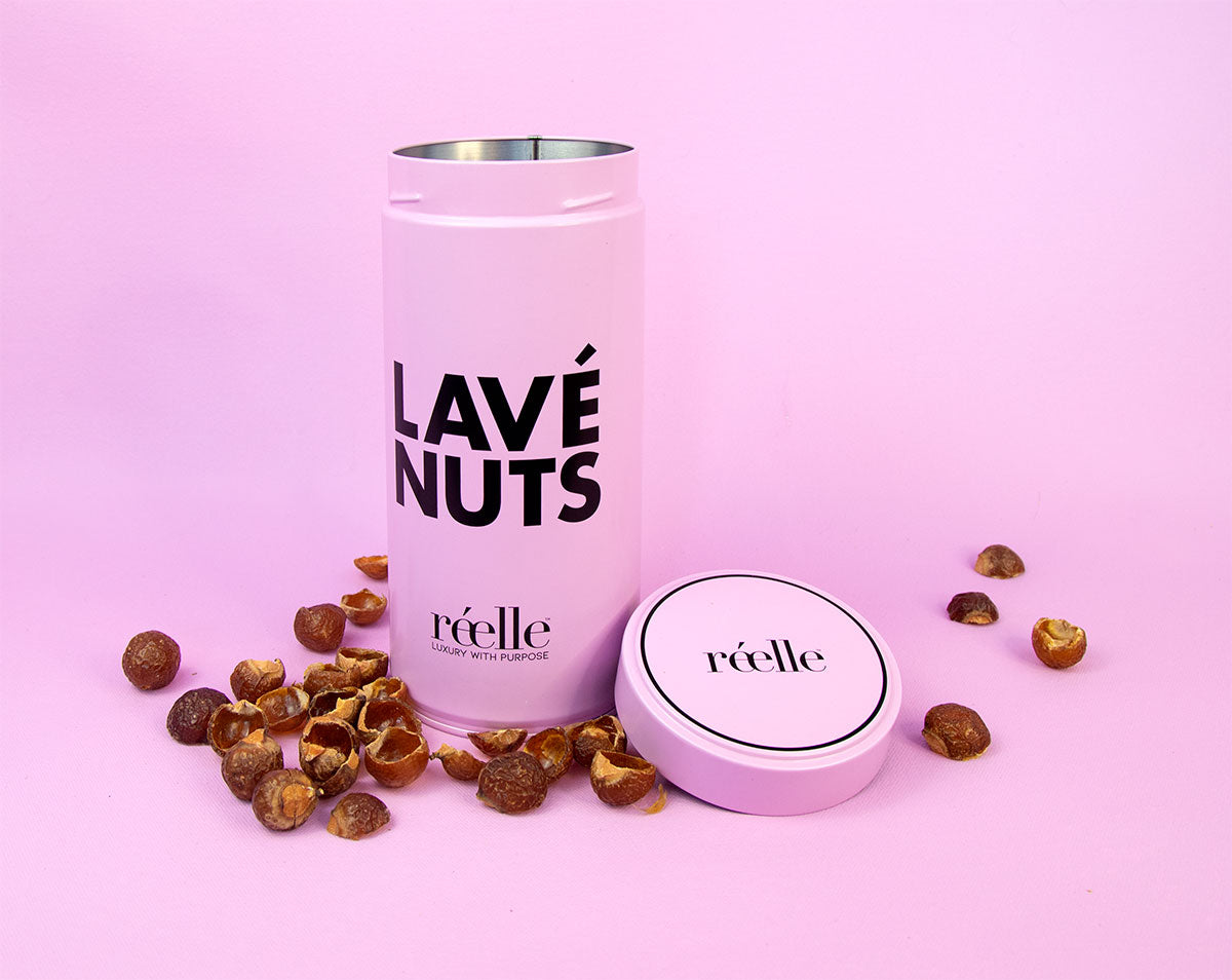 Pink image, pink background, and pink tin with lave nuts