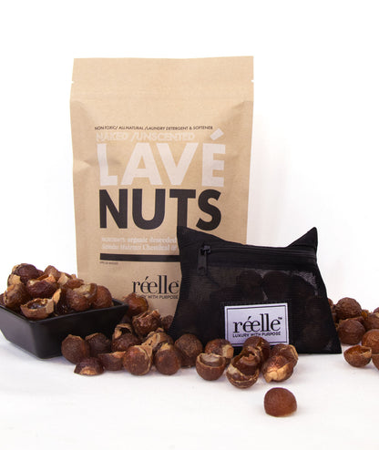 Brown bag, white background, lave nuts and black wash pouch