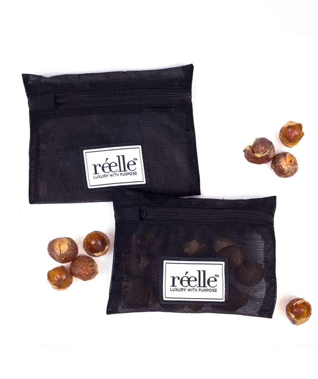 two lave nut wash pouches, nuts and white background